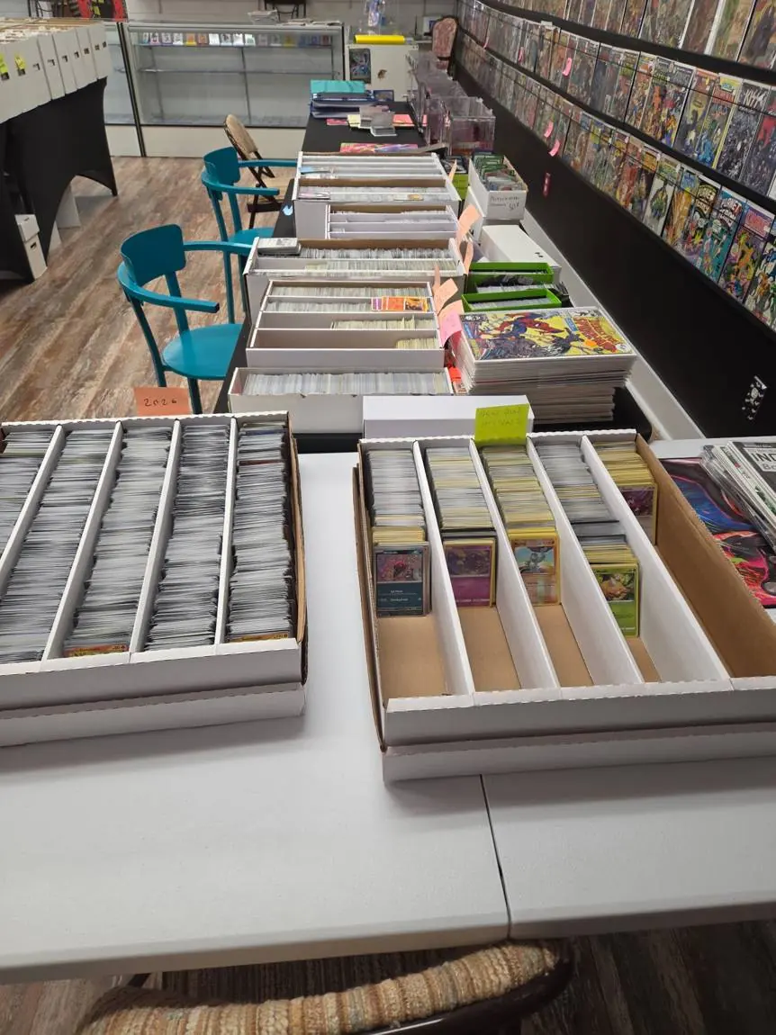 Tables of Pokémon bulk card boxes, including new bulk arrivals