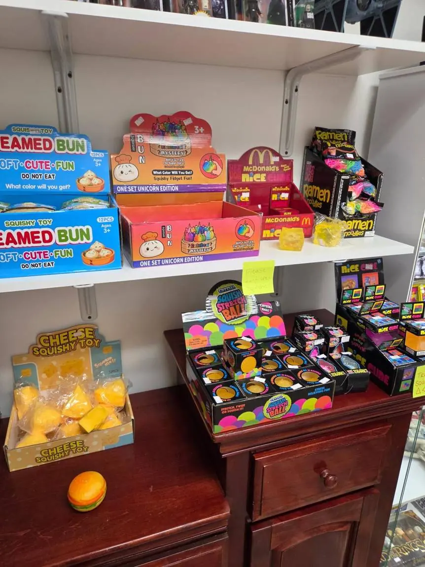 Steamed bun squishies, unicorn toys and fidgets on shelves